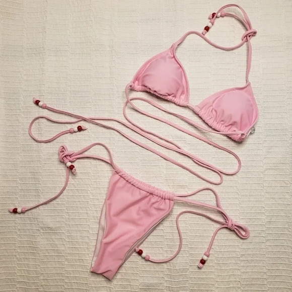 2/$25-Bikini NWOT 90S Inspired Barbiecore Beaded Bubblegum Pink Triangle Tie Up - Picture 2 of 11
